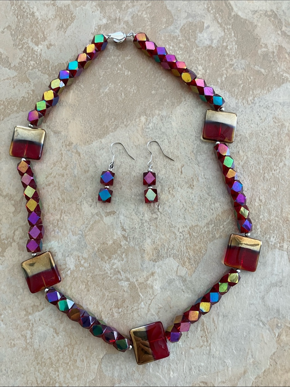 Teng Yue Red Iridescent Bead Necklace & Earring Set. Never worn